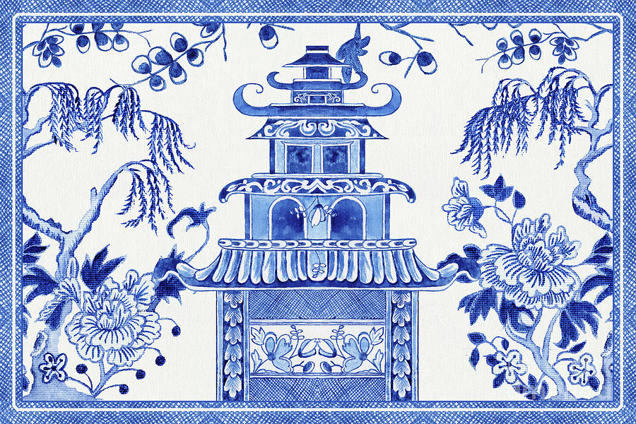 Blue and White Chinoiserie Chinese Pagoda Temple Peony Floral Willow Tree Painting by Audrey Jeanne Roberts