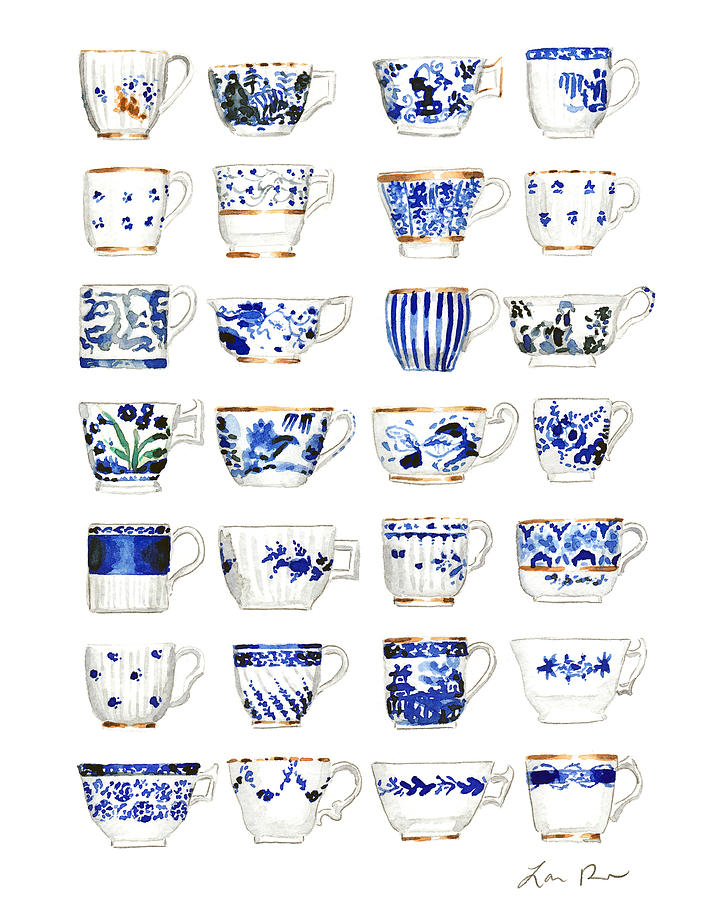 Tea Cup Painting - Blue and White Chinoiserie Teacup Collection by Laura Row