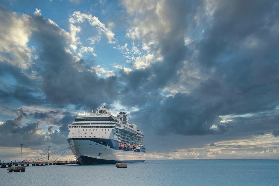 Blue and White Cruise Ship Docked Under Dramatic Sky Photograph by Darryl Brooks