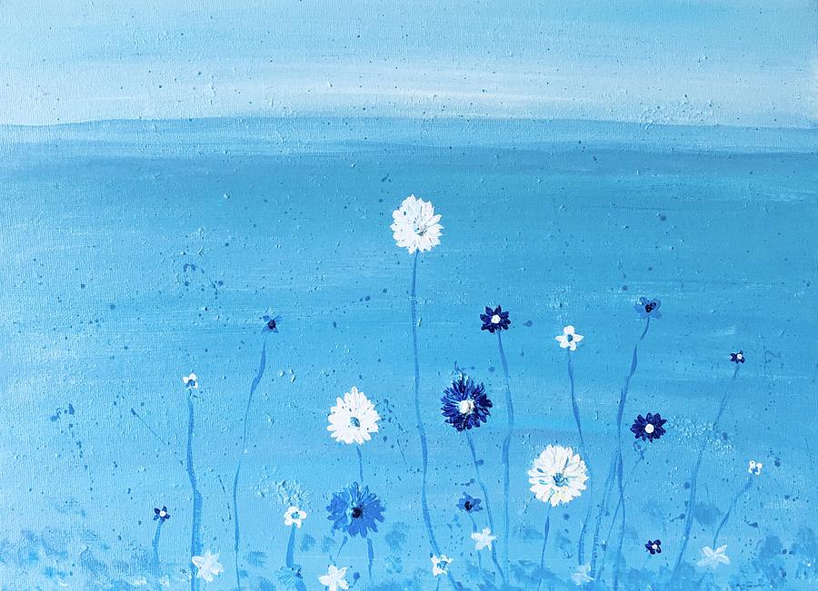 Blue and white daisies in seascape Painting by Barbara Magor