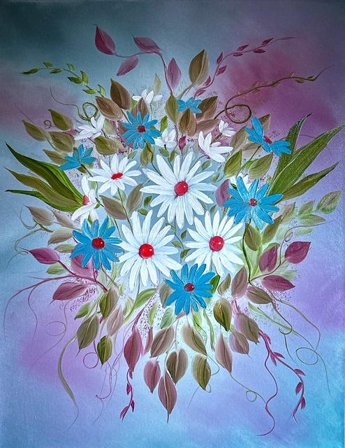 Blue and White Daisies  Painting by Willy Proctor
