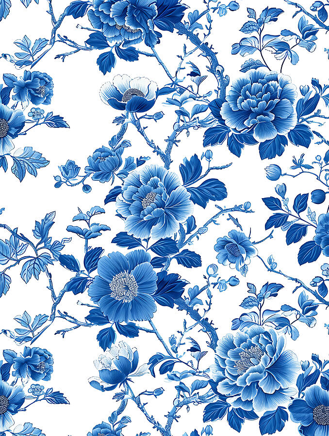 Blue And White Digital Art - Blue And White Floral Pattern by Benameur Benyahia