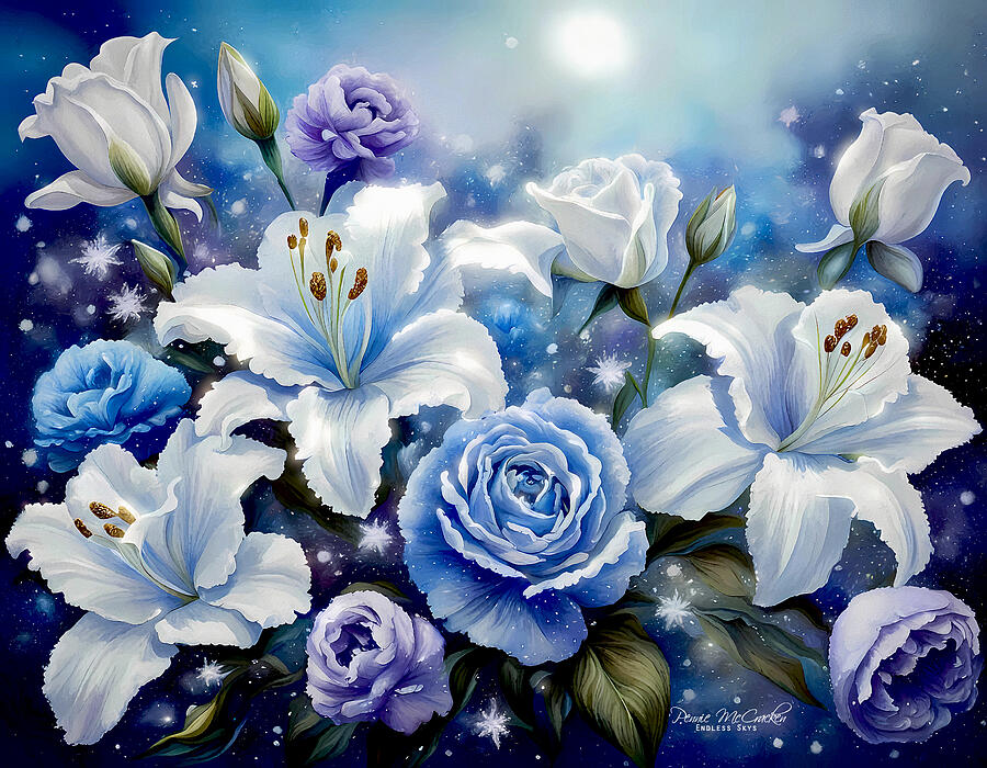 Blue and White Florals Mixed Media by Pennie McCracken