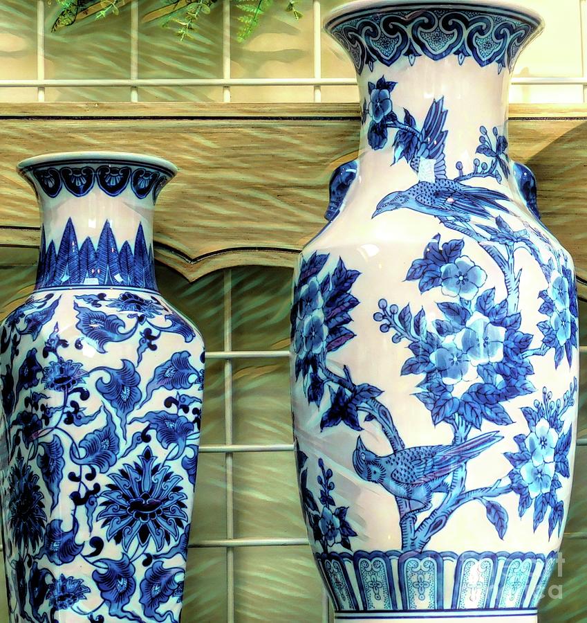 Blue and White Flower and Bird Covered Vases Abstract Easy Wave Effect Photograph by Rose Santuci-Sofranko