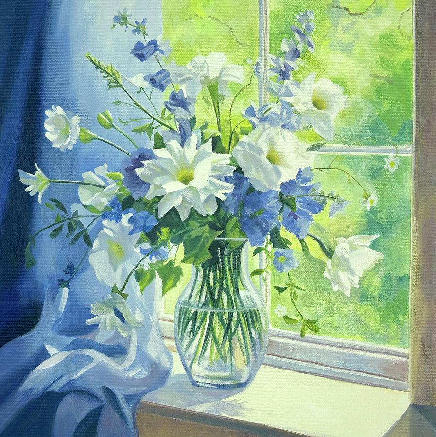 Vase of Blue and White Blooms Painting by Caroline Swan