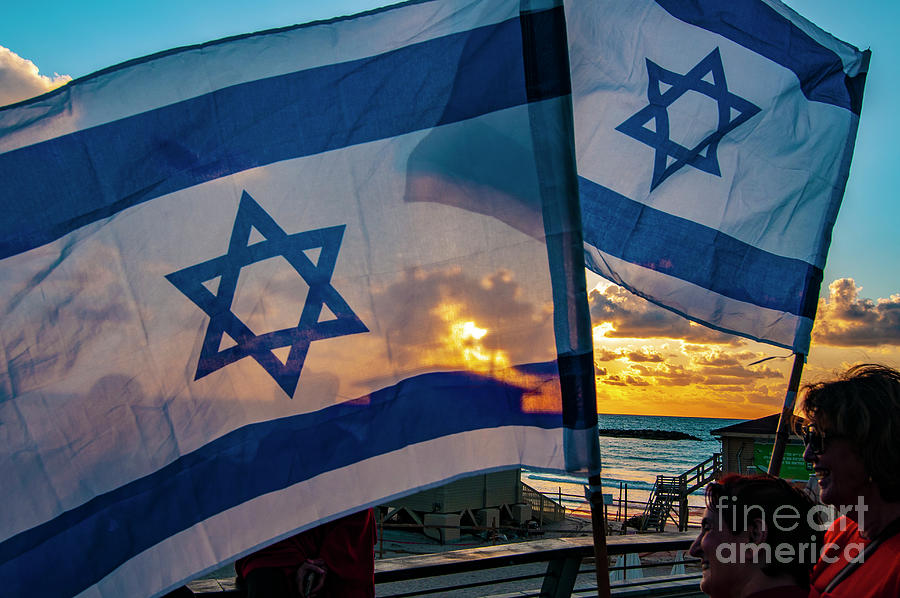 Blue And White Israeli Flag With A Sun Set Back Ground N1 Photograph By ...