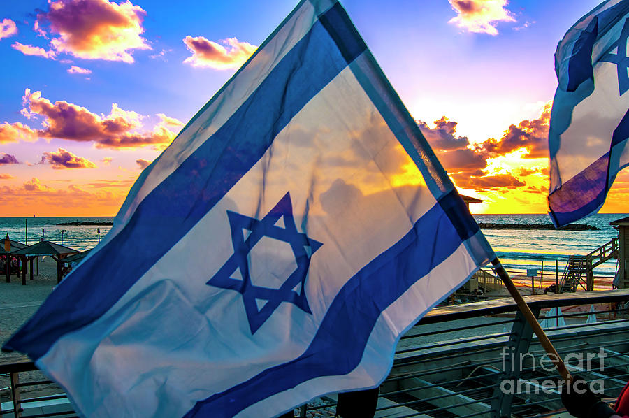 Blue and white Israeli flag with a sun set back ground n3 Photograph by ...