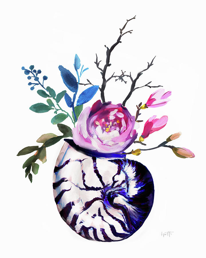 Valentine Painting - Blue and white nautilus with floral arrangement by Kimberly Potts