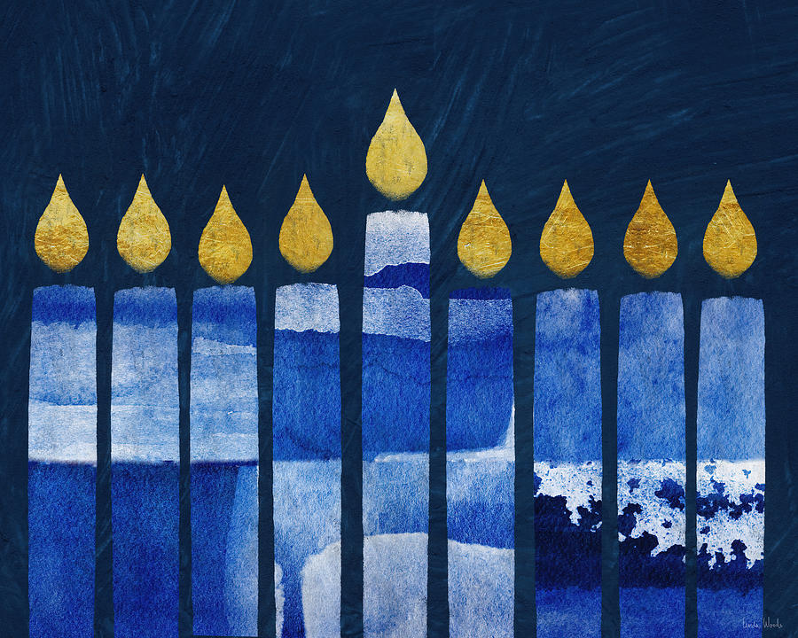 Blue and White Painted Menorah- Art by Linda Woods Mixed Media by Linda Woods
