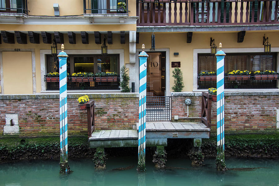 Canal Photograph - Blue and White Pillars Venice Italy  by John McGraw