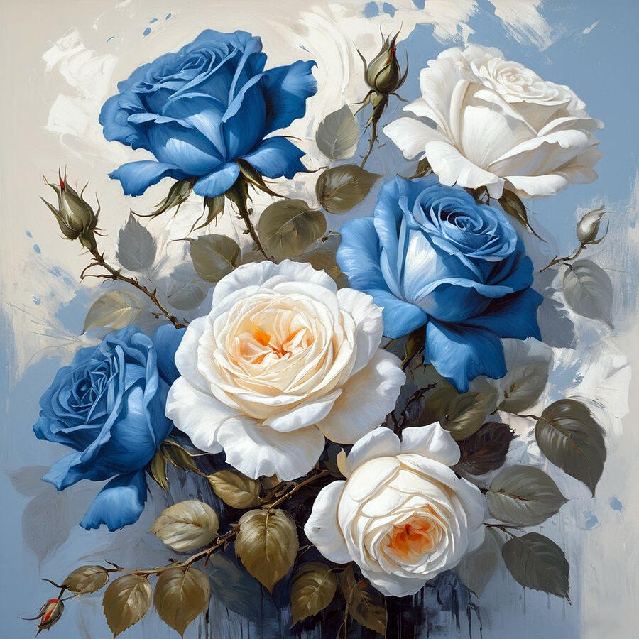Vintage Digital Art - Blue and white roses beauty by Perl Photography