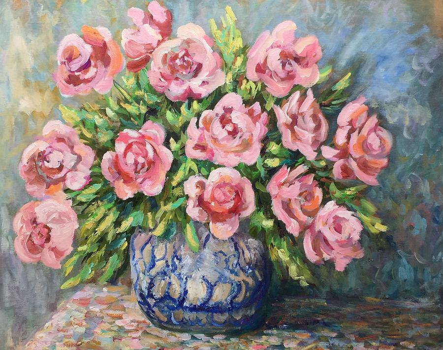 Blue and White with Pink Roses Painting by Sarah Davis Blue and White with Pink Roses Painting by Sarah Davis