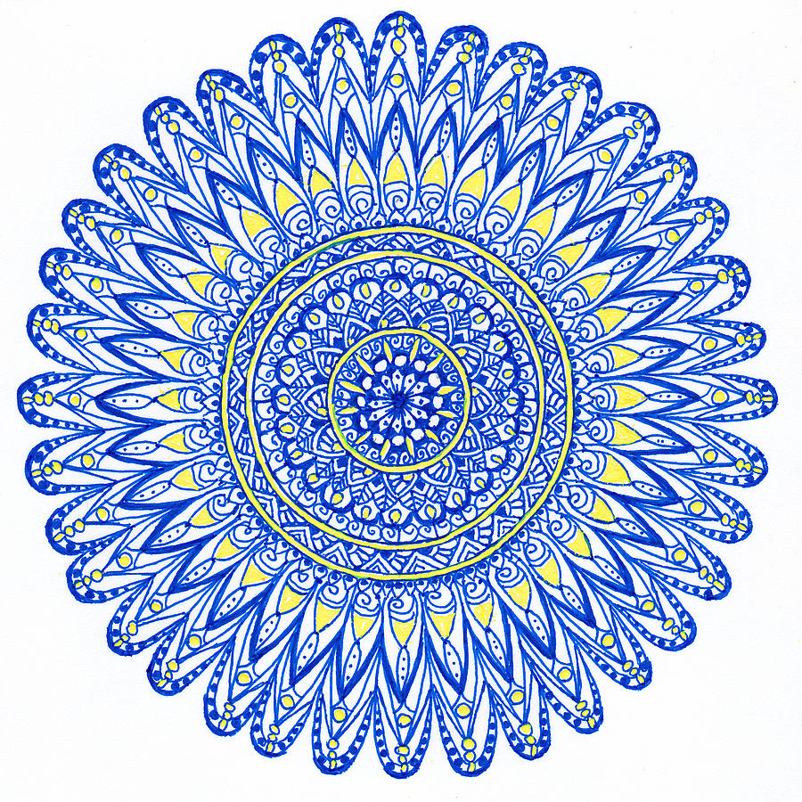 Blue and Yellow Flower Mandala Drawing by Laura Iverson