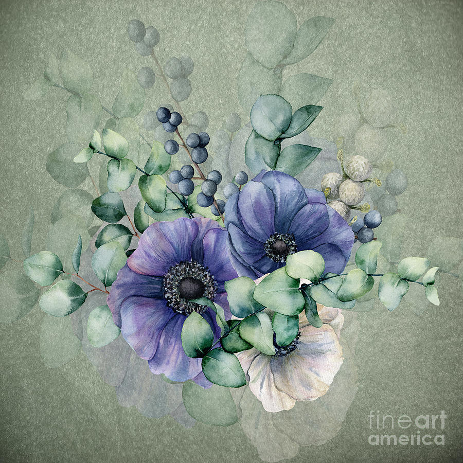 Blue Anemone and Eucalyptus Digital Art by J Marielle