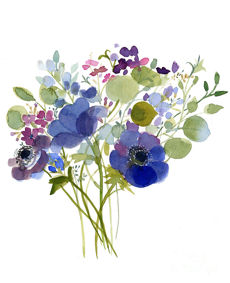 Blue anemone bouquet Painting by Sue Zipkin