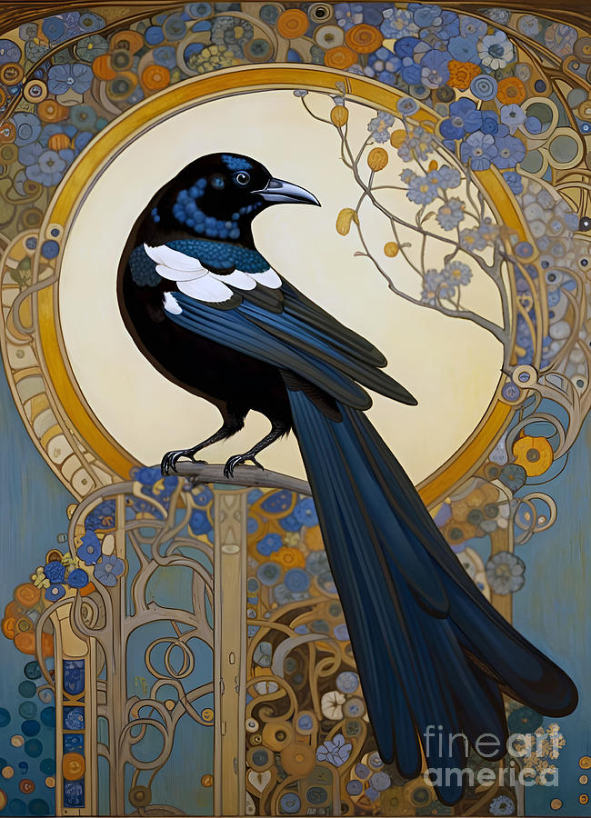 Vintage Painting - Blue Art Nouveau Magpie by Philip Openshaw