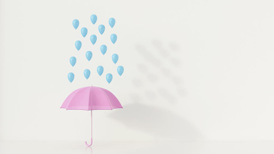 Blue ballons above pink umbrella, 3q rendering Drawing by Westend61