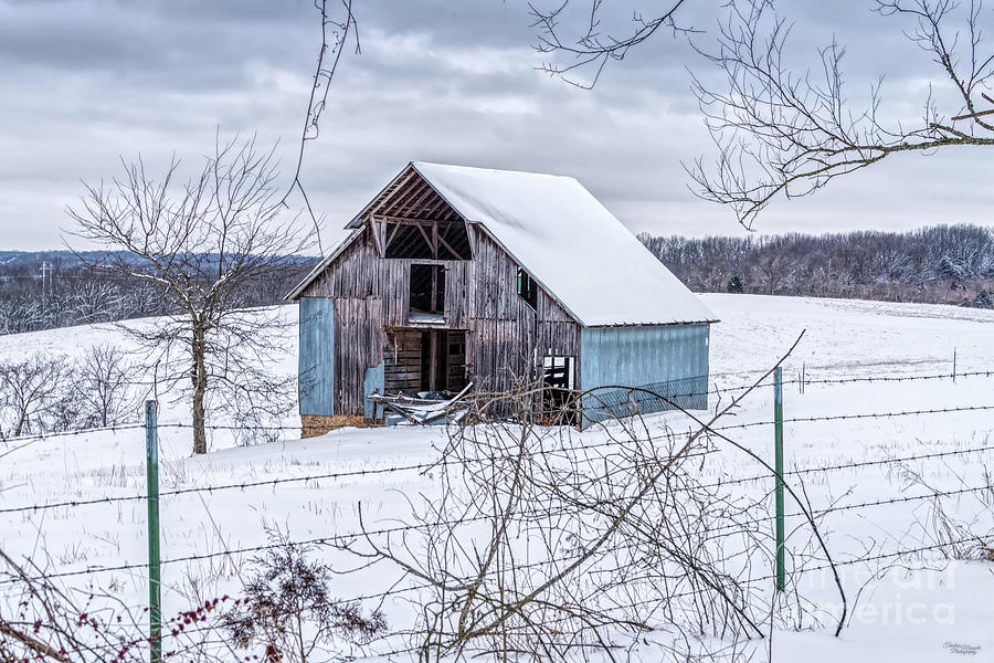 Blue Barn In The Snow Photograph by Jennifer White
