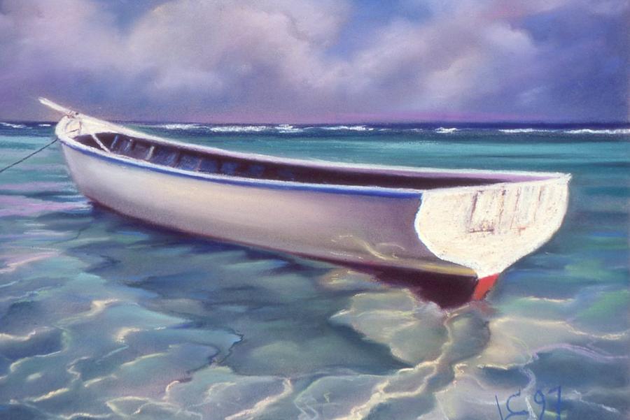 Boat Pastel -  Blue Bay transparency clear water by Louise Lavallee