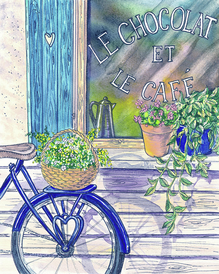 Blue Bicycle At Cafe Window Sweet Flowers In The Basket  Painting by Irina Sztukowski
