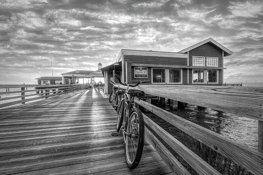 Blue Bicycles on the Jekyll Island Boardwalk Pier Black and Whit Photograph by Debra and Dave Vanderlaan