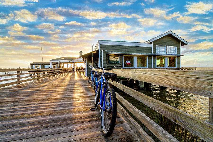 Blue Bicycles on the Jekyll Island Boardwalk Pier Photograph by Debra and Dave Vanderlaan