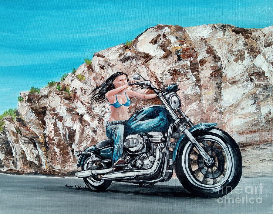 Blue Bike Black Haired Girl Painting by Sonya Allen
