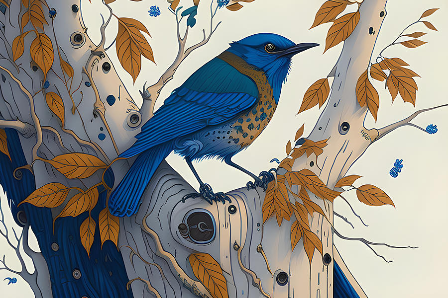 Blue Bird on Aspen Branch Nbr 12 Mixed Media by Lesa Fine