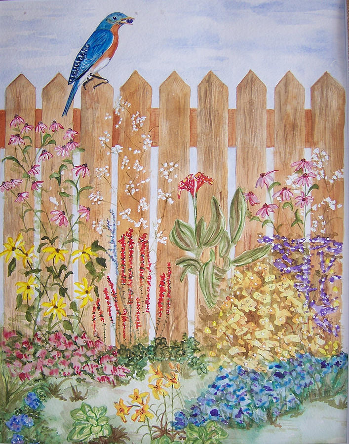 Blue Bird On Fence Painting by Marilyn Coyne - Pixels