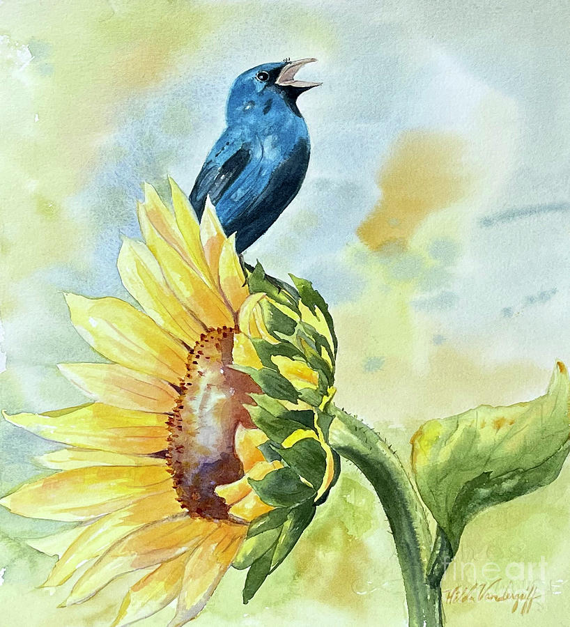 Blue Bird On Sunflower Painting