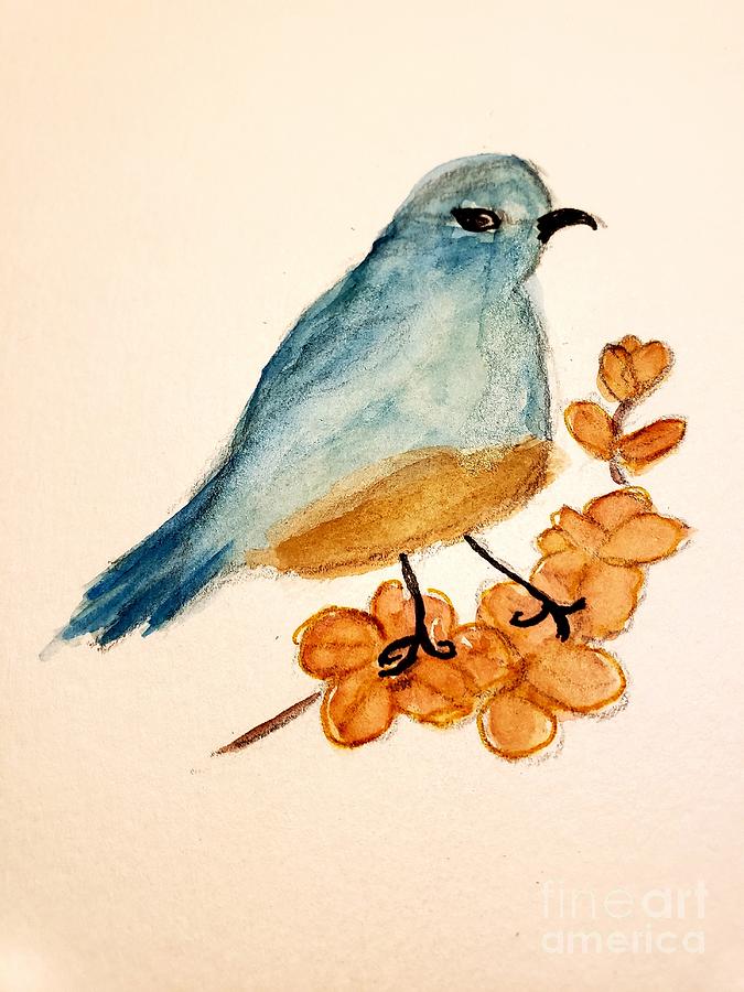 Blue Bird Resting on a Flower Branch Painting by Margaret Welsh Willowsilk