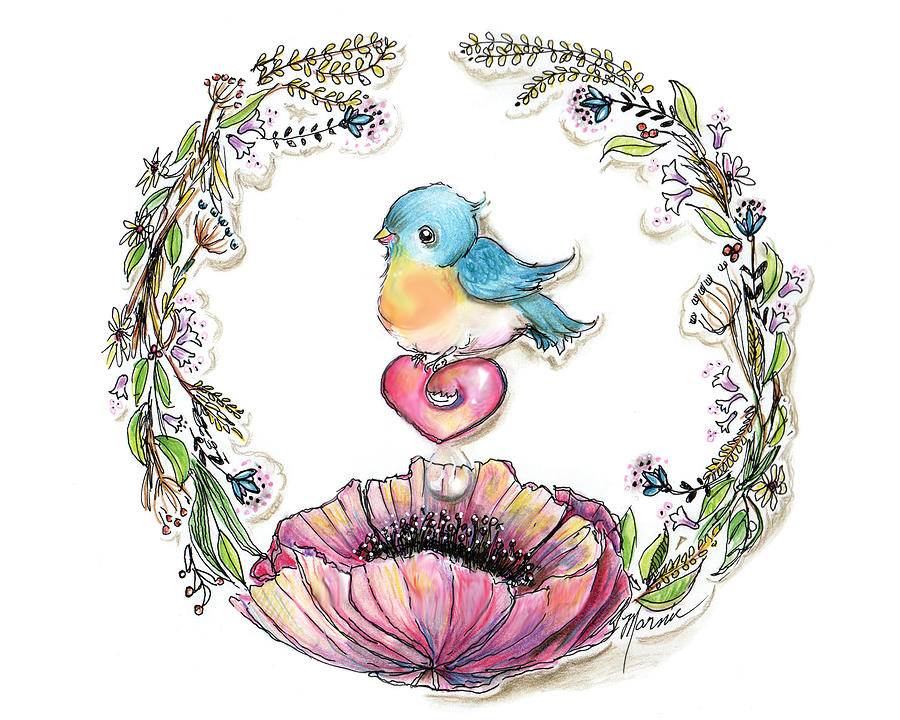 Blue Bird Wreath Drawing by Marnie Clark