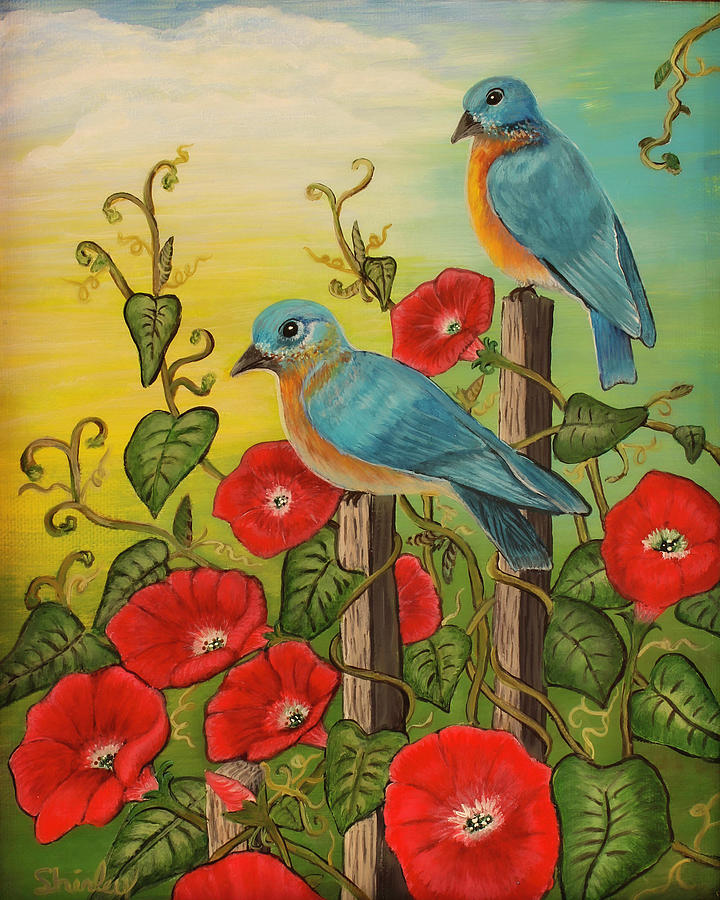Blue Birds at Sunset Painting by Shirley Dutchkowski