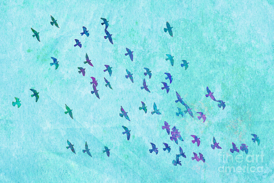 Flock of flying birds, blue texture Painting by Delphimages Photo Creations