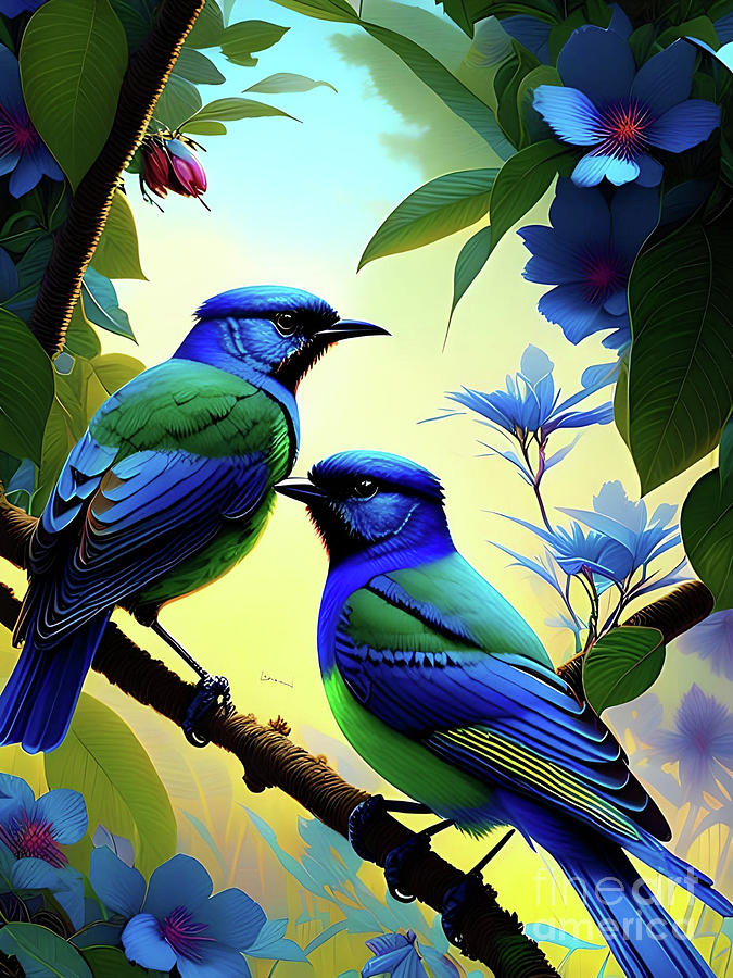 Blue Birds in a green and blue garden Digital Art by Ludwina Van hyfte ...