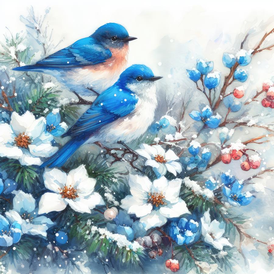 Blue Birds in Winter Digital Art by Kim Hojnacki