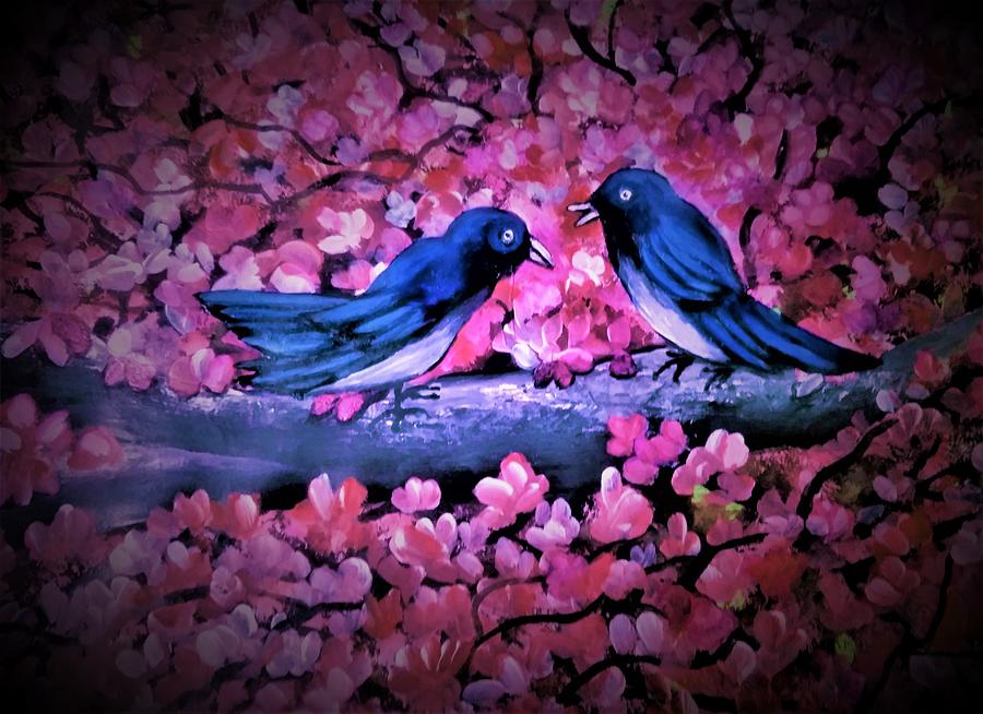 Blue birds in spring Painting by Tara Krishna