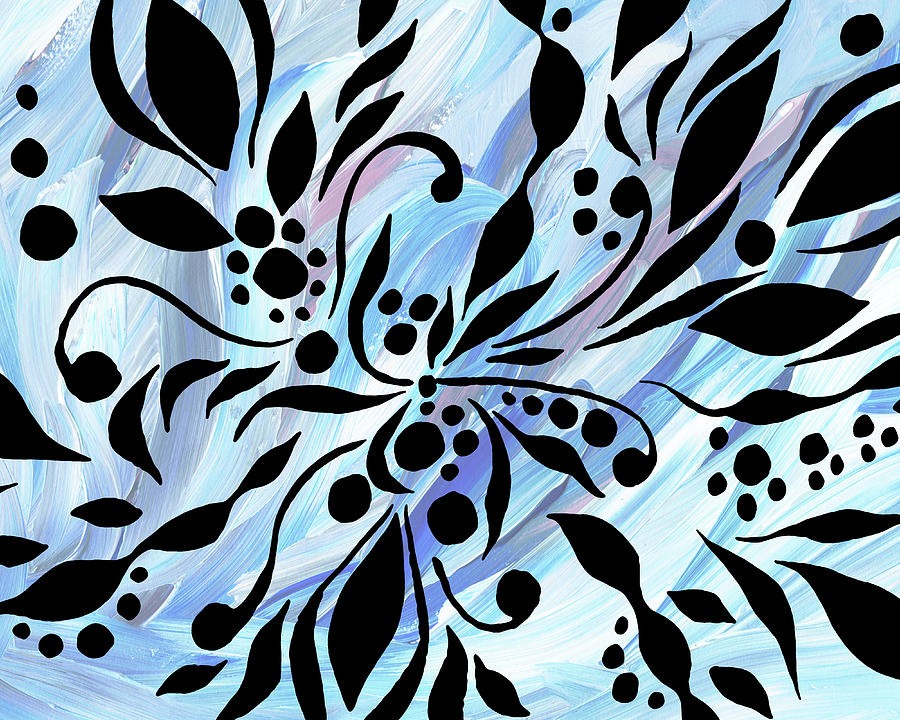 Blue Black Floral Design With Leaves Berries Flowers Pattern  Painting by Irina Sztukowski