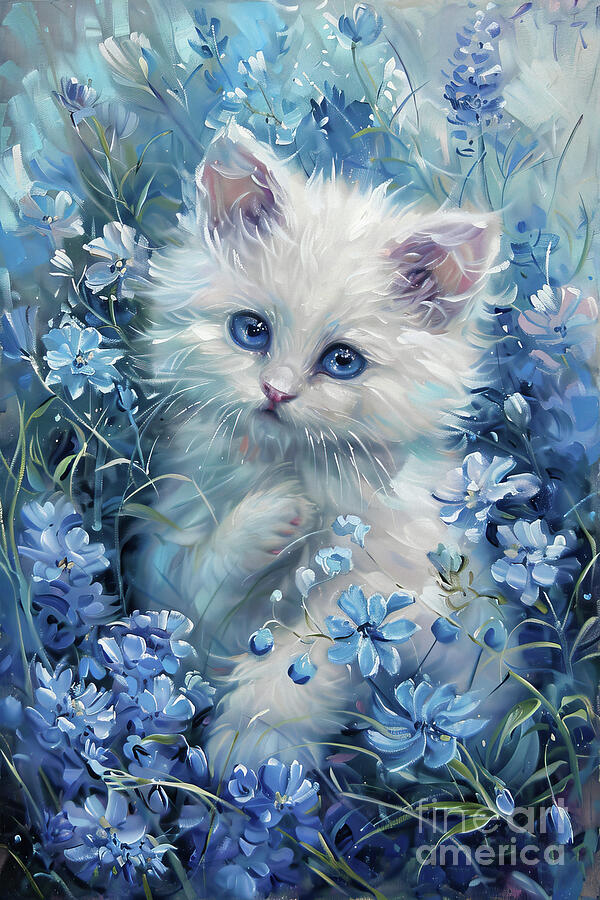 Blue Blossom Kitten Painting by Tina LeCour