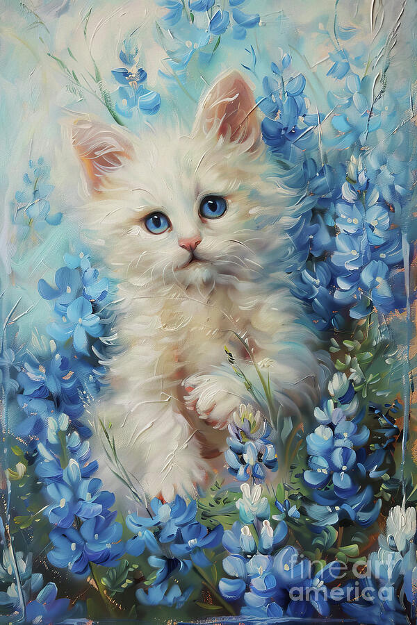 Blue Bonnet Kitten Painting by Tina LeCour