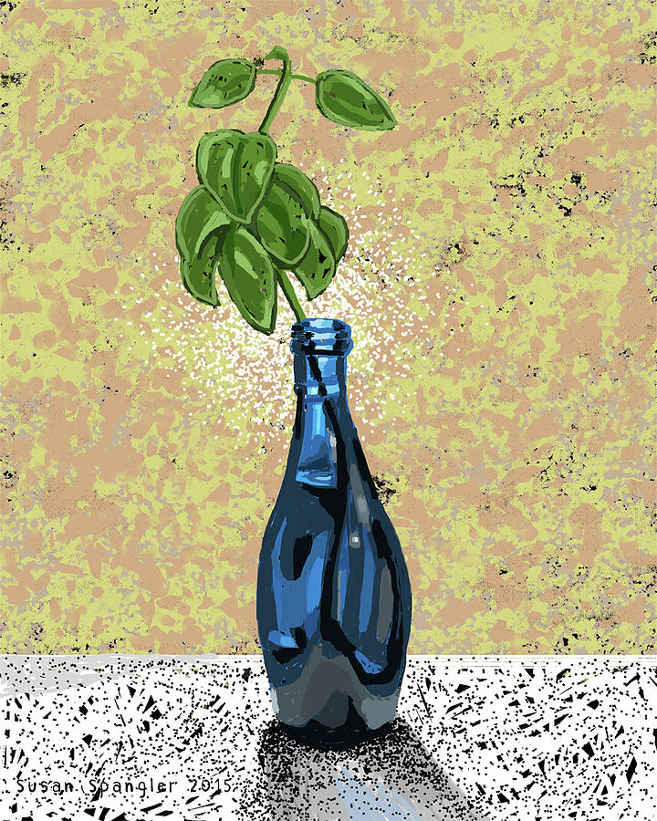 Blue Bottle, Basil Sprout Painting by Susan Spangler