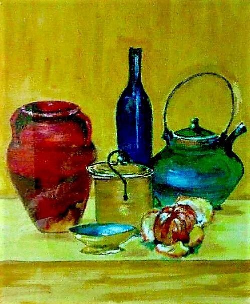 Blue bottle in the middle Painting by Khalid Saeed