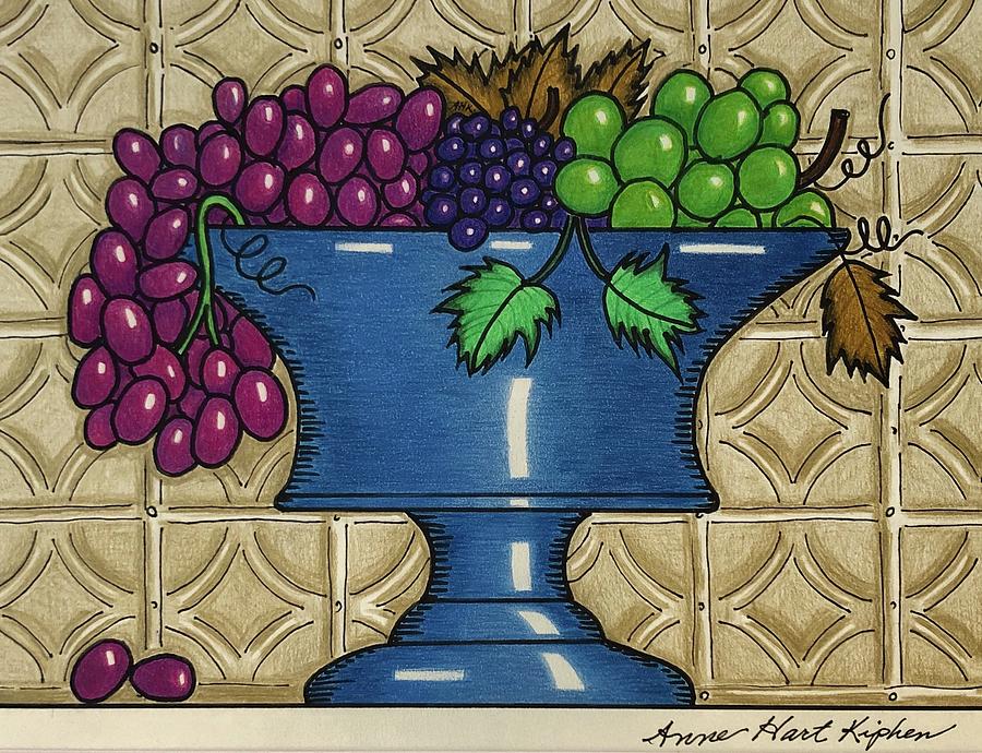Grape Mixed Media - Blue Bowl and Grapes by Anne Hart Kiphen