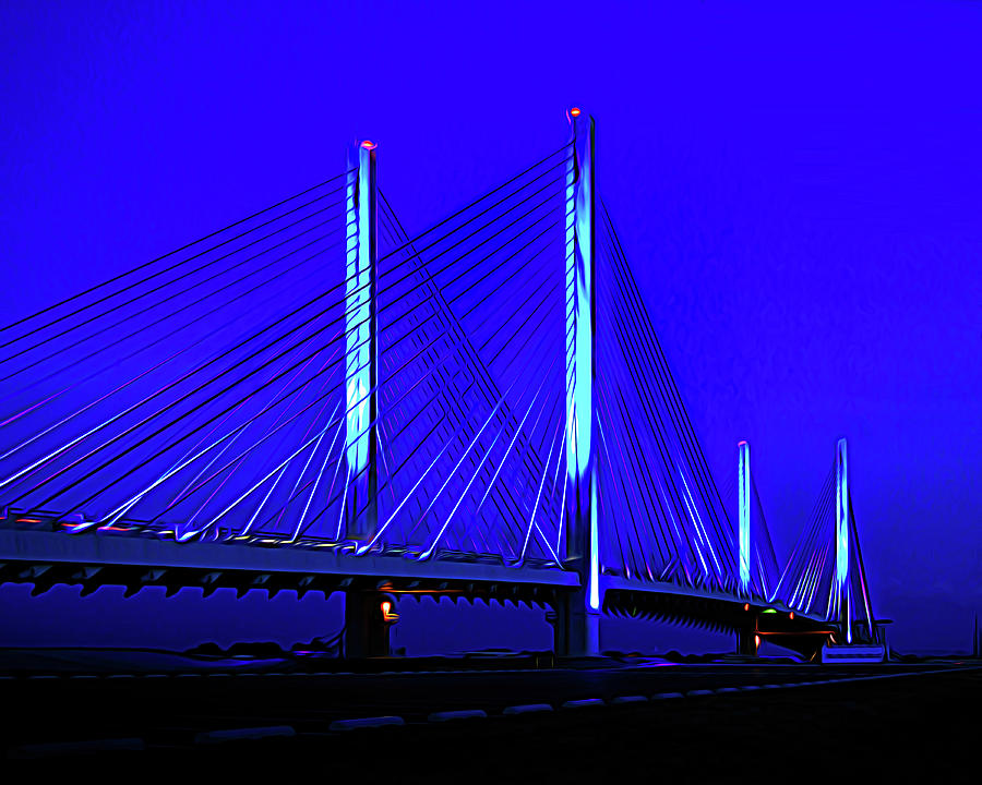 Blue Bridge at Night Expressionism Photograph by Bill Swartwout