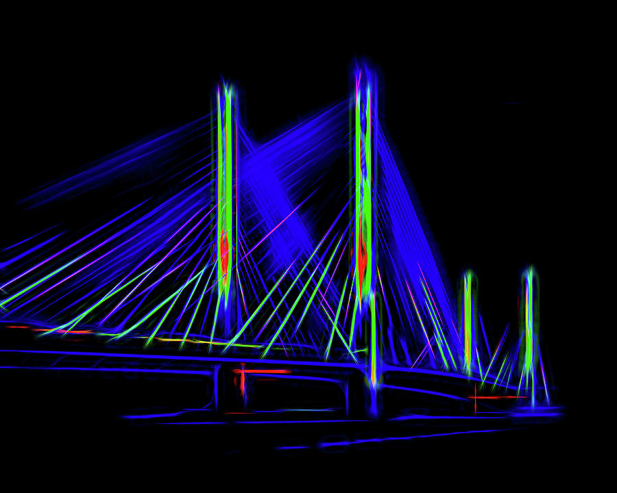 Blue Bridge at Night in Neon Lines Photograph by Bill Swartwout