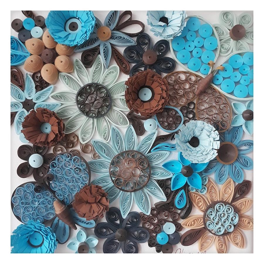 Wall Decor Mixed Media - Blue, brown flowers by Olivera Naumoska-Najdeska