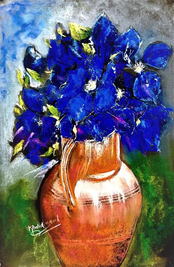 Flower Pastel - Blue bunch in vase. by Khalid Saeed