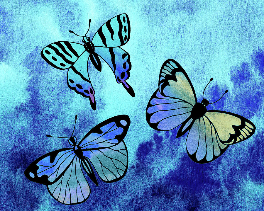Blue Butterflies In Baby Blue And Ultramarine Sky Watercolor  Painting by Irina Sztukowski