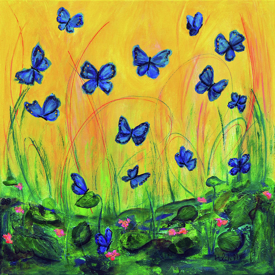 Blue Butterflies in Early Morning Garden Painting by Haleh Mahbod