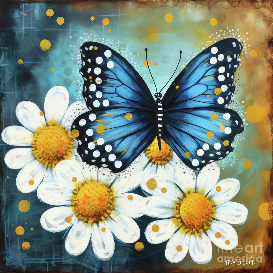 Blue Butterfly And Daises Painting by Tina LeCour